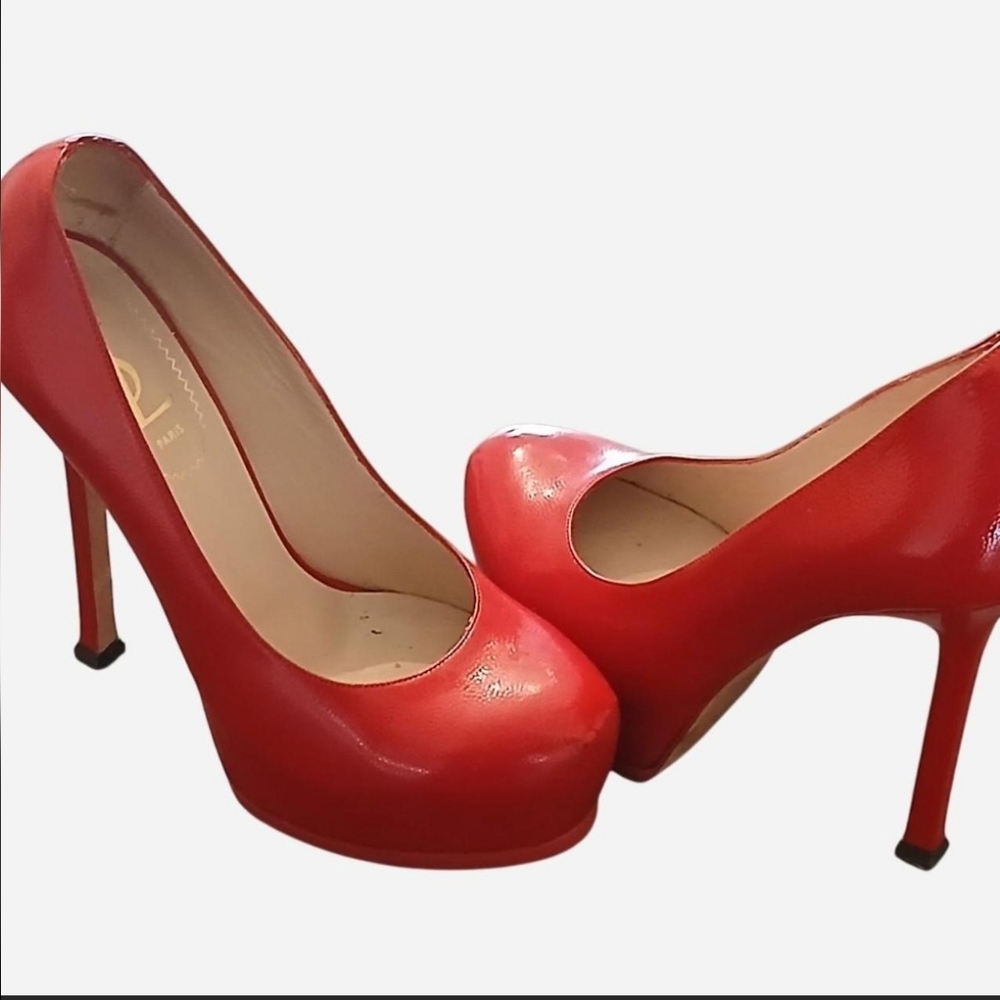 Vintage Ysl Saint Laurent Red Tribtoo Leather Pumps Size:37